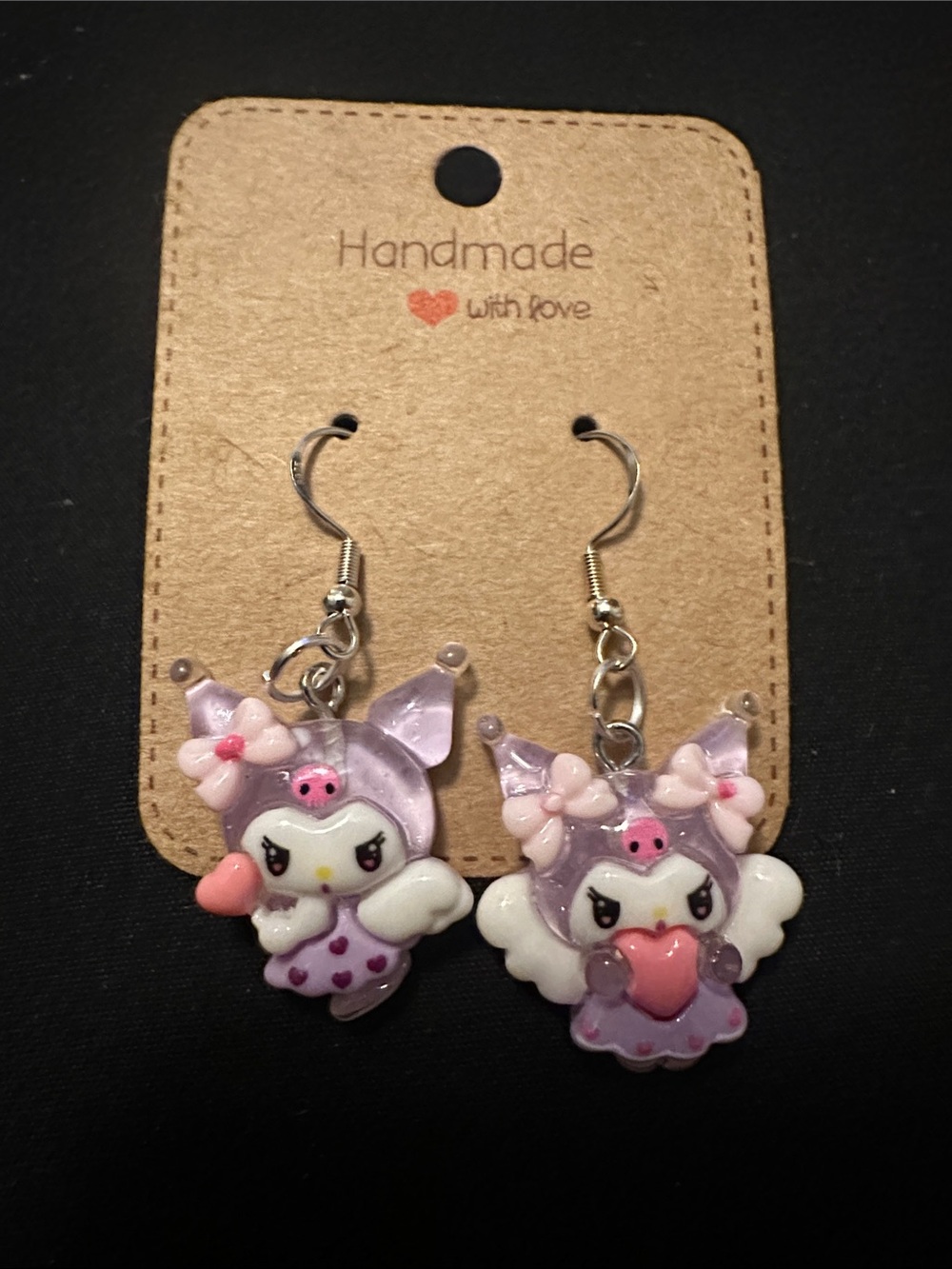 Kids Purple Angel Heart Dangle Earrings